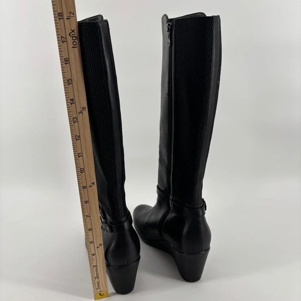 Blondo Womens Knee High Wedge Boots 11M Black Leather Waterproof Rainy Day Chic